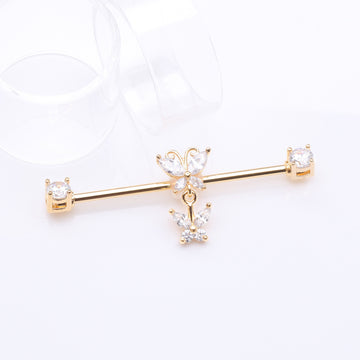 Detail View 1 of Golden Marquise Butterfly Dangle Sparkle Ends Industrial Barbell-Clear Gem